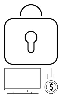 Güvenliği temsil eden bir asma kilit, teknolojiyi sembolize eden bir bilgisayar monitörü ve finans tasvir eden bir dolar. Çevrimiçi güvenlik, dijital koruma, mali güvenlik ve güvenlik için ideal