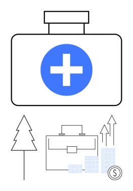 Mavi haçlı ilk yardım çantası, oklu büyüme çizelgesi, evrak çantası, ağaç, bozuk paralar ve binalar. Mali sağlık, yatırım, çevre dostu işletmeler için ideal ekonomik büyüme kariyeri