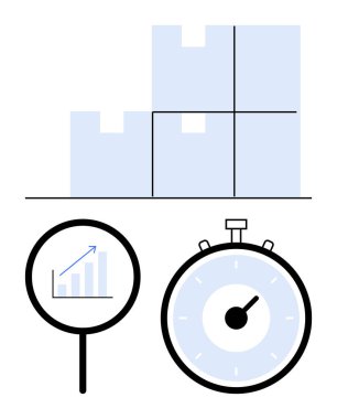 Boxes stacked magnifying glass with graph stopwatch. Ideal for logistics, supply chain, time management, efficiency, data analysis, productivity, business operations. Line metaphor clipart