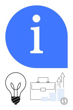 Bilgi simgesi mavi, ampul, evrak çantası ok ve dolar işareti ile yükselen bar tablosu. İş sunumları, mali raporlar, yenilik görüşmeleri, eğitim materyali verileri için ideal