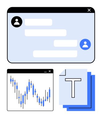 İş iletişimi için sohbet penceresi, piyasa analizi için stok grafiği ve veri işlemeyi gösteren metin belgeleri. Uzak çalışma, mali planlama, iş stratejileri, çevrimiçi için ideal