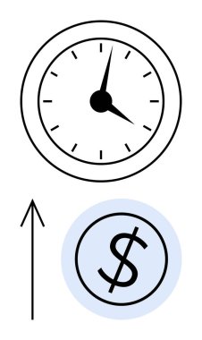 Siyah elli saat yukarı bakıyor, ok yükseliyor, dolar işareti mavi dairenin içinde. Finansal planlama, üretkenlik, zaman yönetimi, parasal büyüme, iş başarısı, yatırım için ideal