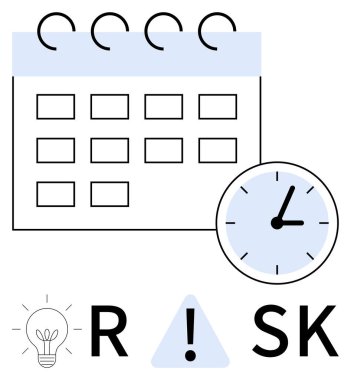 Spiral ciltlenmiş takvim, mavi yüzlü saat ve RISK içerikli metin elemanları ampul ve uyarı işareti. Proje planlaması, zaman yönetimi, süreler, iş stratejisi ve risk için ideal