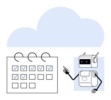 İşaretli görevlerle dolu takvim robotları işaret ediyor, büyük bulut arkaplanı. Görev yönetimi, otomasyon, organizasyon, verimlilik, programlama, yapay zeka asistanları ve verimlilik için ideal. Satır metaforu