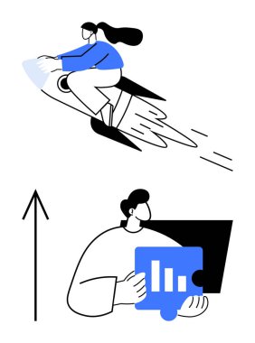 Roket üzerinde uçan kişi, yükselen ok sembolü ve bilgisayardaki çubuk grafiğini analiz eden kişi. Ticari büyüme, yenilik, teknoloji, girişim, veri analizi, başarı motivasyonu için idealdir. Çizgi
