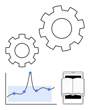 Gears grafik with data point smartphone with book vurgu inovasyon verimliliği, teknoloji, öğrenme, analitik, modern iş, bilgi. Sinerji, ilerleme ve stratejiyi göstermek için ideal