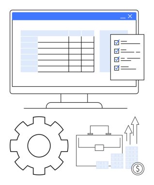 Hesap tablosu, kontrol listesi, teçhizat, evrak çantası, büyüme okları ve para birimi sembollü bilgisayar ekranı. İşletme yönetimi, verimlilik, mali planlama proje izleme ofisi için ideal