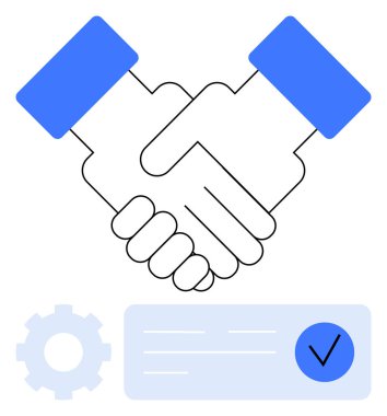 Vites simgesi ve kontrol işareti eşliğinde, anlaşma ve işbirliğini temsil eden el sıkışma. İş ortaklıkları, işbirlikleri, sözleşmeler, takım çalışması, üretkenlik, profesyonel ilişkiler için ideal