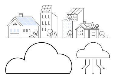 Binalar ve bulut hesaplama kavramları üzerine güneş panelleri olan çevre dostu şehir çizgisi. Akıllı şehir projeleri için ideal, yenilenebilir enerji, çevre dostu mimari, gelecekteki teknoloji, kentsel