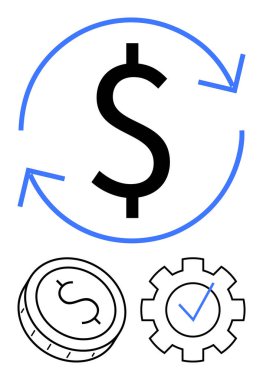 Büyük dolar işareti mavi dönen oklarla çevrili, dolar sembollü bozuk para ve işaretli teçhizat. Finans, bankacılık, yatırımlar, bütçe, otomasyon, fintech ve süreç için ideal