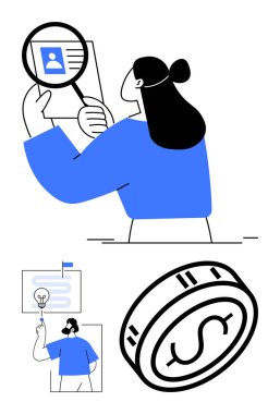 Büyüteçle belgeyi inceleyen kişi, ampul ve labirentle sunum tahtası ve dolar bozuk para. Analiz, araştırma, sunumlar, finans, fikirler, beyin fırtınası işi için ideal