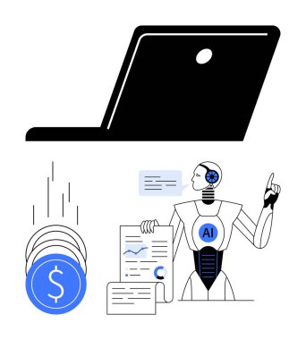 AI robot reviewing financial documents with chart, laptop overhead, falling coins illustrating wealth. Ideal for finance, technology, AI, data analysis, financial growth, business strategy clipart