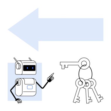 Robot tuşları işaret ediyor, geniş mavi ok arkaplanı. Anahtar temalar, teknoloji rehberliği, yönler, güvenlik, otomasyon, basitlik, fütüristik, mecazlar. Satır metaforu