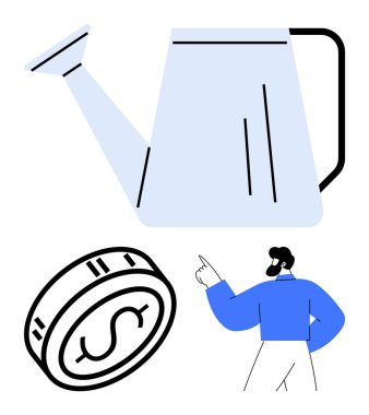 Sulama kutusu ve parayı gösteren bir adam. Finans, yatırım, büyüme stratejileri, tasarruflar, mali planlama, kişisel finans, ekonomik kalkınma için ideal. Satır metaforu