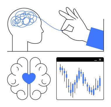 Hand unravels tangle in head shape, heart inside brain, and fluctuating graph. Ideal for mental health, therapy, emotional well-being, psychology, data analysis self-improvement healthcare. Line clipart