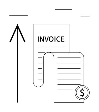 Finansal büyümeyi gösteren yukarı bakan bir okun olduğu bir dolar işareti içeren fatura belgesi. İş, finans, muhasebe, fatura, ödeme, gelir ve mali raporlar için idealdir. Çizgi
