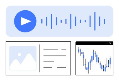 Ses dalgası, görüntü ve metin ile oynat düğmesi, finansal tablo. Multimedya, ses, podcast, blog, finansal analiz sunumları için ideal dijital içerik. Satır metaforu