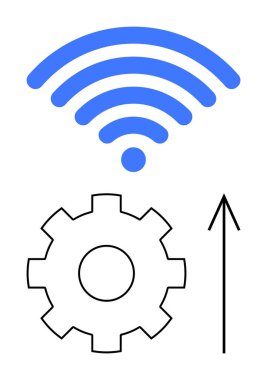 kablosuz sinyal simgesi yukarı doğru ok ile bir dişli sembolü üzerinde. Teknoloji, internet, bağlantı, gelişme, ağ, yenilik ve ilerleme temaları için idealdir. Satır metaforu