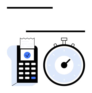Fatura ve mavi işaretli ödeme terminali, kronometrenin yanında. Finans, verimlilik, ticaret, ödeme işlemleri, zaman yönetimi, hızlı hizmet, perakende. Satır metaforu