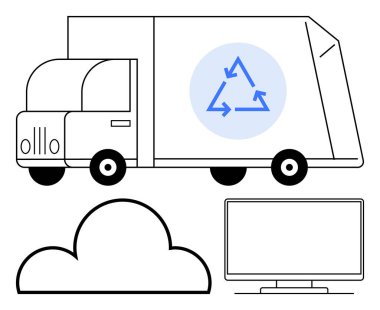 Yan tarafında oklar, bulut şekli ve bilgisayar monitörü olan geri dönüşüm kamyonu. Çevre girişimleri, atık yönetimi, geri dönüşüm programları, teknoloji imhası, bulut hesaplama, yeşil