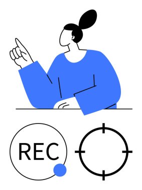 Mavi bir kazak giyerken yukarı doğru bakan biri. Aşağıda, göstergeleri kaydet ve hedef simgeleri odakla. Sunumlar, dersler, webinarlar, video oluşturma, öğretici içerik, ortam için ideal