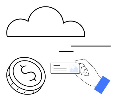 Üzerinde bozuk para ve kimlik kartı tutan bir el olan bir bulut. Bulut depolama, dijital ödemeler, çevrimiçi bankacılık, veri güvenliği, kimlik doğrulama, finans teknolojisi, e-ticaret için ideal. Bağlı kavramlar