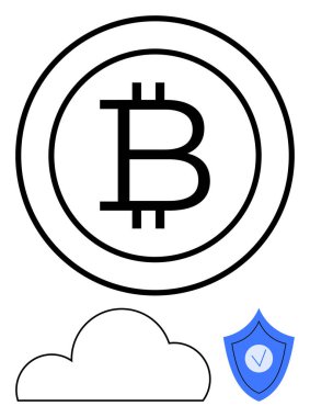 Bitcoin sembolü üst, bulut orta, kalkan işareti altı. Kripto para deposu, güvenlik, dijital işlemler, fintech eğitimi, engelleme platformları, finansal uygulamalar için ideal