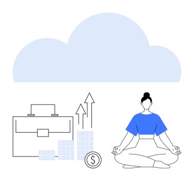 İş çantası, yığınla para, büyüyen oklar ve yoga yapan kadın bulutların altında poz veriyor. İş hayatı dengesi, mali planlama, akıl sağlığı, üretkenlik, kişisel büyüme, stres için ideal