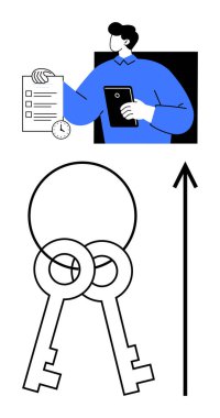 Kontrol listesi ve tablet saat tuşları olan kişi, yukarı doğru ok. Zaman yönetimi, verimlilik, hedef belirleme, güçlendirme, planlama, verimlilik için ideal. Satır metaforu