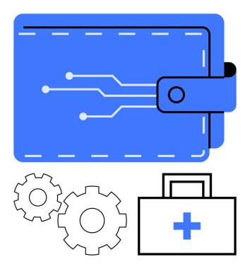 Devre desenli dijital cüzdan işlevselliği temsil eden dişli tekerlekler ve haçlı tıbbi çanta. Teknoloji, finans, sağlık, dijital güvenlik, yazılım mühendisliği için ideal