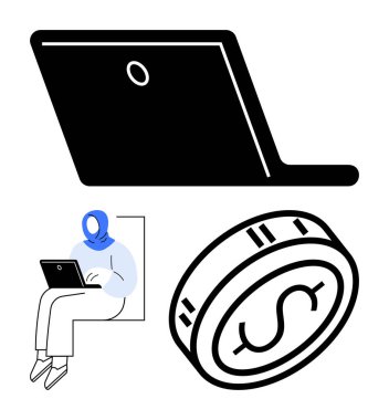 Dizüstü bilgisayarda çalışan mavi tesettürlü biri, büyük siyah dizüstü bilgisayar ikonu, dolar işareti olan siyah-beyaz sikke. İş, finans, uzaktan çalışma, teknoloji, çevrimiçi işlemler ve dijital ekonomi için ideal