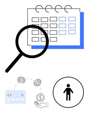 Büyüteç inceleme takvimi tarihleri, paraların elden ele aktarılması, insan simgesi daire şeklinde. Zamanlama, teslim tarihi, mali planlama, insan kaynakları ve proje yönetimi için ideal