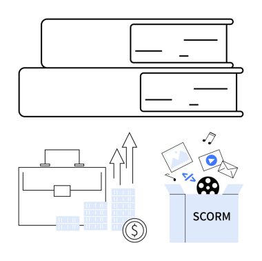 Stack of books, business growth chart, portfolio, and SCORM package with multimedia elements. Ideal for e-learning, business training, digital education, online courses, content management clipart