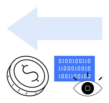 Mavi ok solda bir dolar işareti, ikili kod bloğu ve bir göz ikonu olan bir bozuk para gösteriyor. Mali analiz, veri güvenliği, bilgi teknolojisi, fintech, dijital ödemeler için ideal