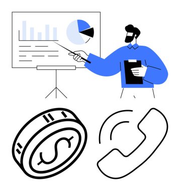 İşadamı grafikle ve pastayla bir tabloyu işaret ediyor, elinde bir pano var. Bozuk paralar ve telefon ikonları. İş analizleri, sunumlar, finans, telekomünikasyon, ağ, pazarlama için ideal