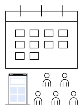 Ekran bölümlü akıllı telefonlu takvim ve kullanıcıları temsil eden beş insan simgesi. Program, takım çalışması, planlama, organizasyon, iletişim, koordinasyon ve yönetim için ideal. Çizgi