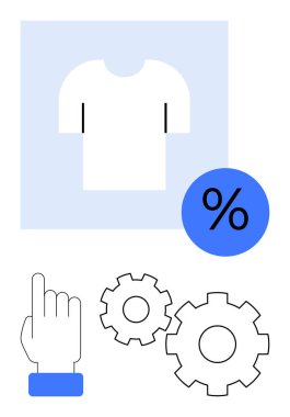 Mavi indirimli yüzde sembolün yanında beyaz tişört, aşağı bakan el imleci ve dişli mekanizması. Çevrimiçi alışveriş, e-ticaret, pazarlama, giyim satışları, indirimler, otomasyon müşterileri için ideal