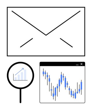 E- posta zarfı simgesi, yükselen bar tablosu ve borsa grafiği olan büyüteç. Ticari iletişim, veri analizi, mali raporlar, e-posta pazarlama, hisse senedi ticareti, araştırma için ideal