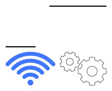 İki siyah dişli ve yatay siyah çizgili mavi kablosuz sinyal simgesi. Bağlantı, teknoloji kavramları, ağ kurulumu, internet hizmetleri, teknik destek, dijital iletişim için ideal
