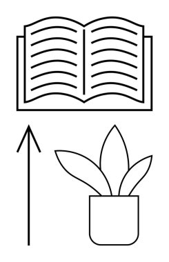 Sayfaları açık, dikey ok yukarı işaret ediyor, geniş yapraklı saksı bitkisi. Eğitim, büyüme, öğrenme, başarı, doğa kendini geliştirme teması için idealdir. Satır metaforu
