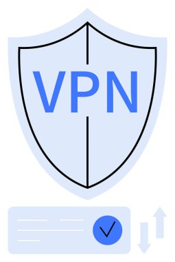 VPN yazılı kalkan, mavi işaret işareti, yukarı ve aşağı oklar. Siber güvenlik, gizlilik koruması, güvenli tarama, şifreleme, çevrimiçi güvenlik VPN hizmetleri veri koruması için ideal. Satır metaforu