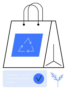 Geri dönüşüm sembolü, kağıt tasarımı ve saplarla süslenmiş yeniden kullanılabilir alışveriş çantası. Kontrol edilmiş belge, mavi yaprak. Sürdürülebilirlik için ideal, çevre dostu ürünler, geri dönüşüm kampanyaları, atık azaltma yeşili
