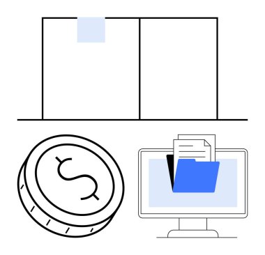 Bilgisayar ekranında dijital klasörler, dokümanlar, dolar işareti ve çizelgeler var. Finans, belge yönetimi, veri örgütü, bankacılık, e-ticaret, muhasebe kayıtları için ideal