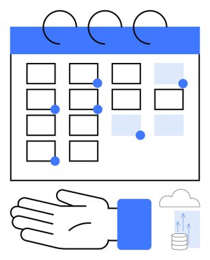 Izgara planlı takvim, mavi noktalar ve röfleler, el ele tutuşmalar, verili bulut depolama simgesi. Üretkenlik, zamanlama, organizasyon, veri yönetimi, dijital dönüşüm iş akışı için ideal