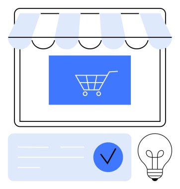 Çevrimiçi alışveriş mağazası önü, ekranda mavi alışveriş arabası simgesi, işaretli işlem ayrıntıları ve ampul simgesi. Temalar için ideal e-ticareti ve perakende yeniliği destekliyor
