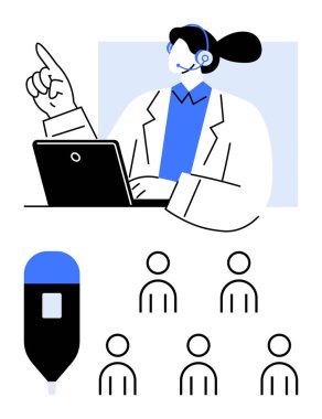 Kulaklık ve dizüstü bilgisayarı olan doktor, glukometre cihazı, altı hasta ikonu. Teletıp, online danışma, diyabet, hasta yönetimi, tıbbi teknoloji, sağlık hizmetleri, sanal