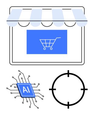 Alışveriş arabası simgesi, yapay zeka çipi ve hedef sembolüyle çevrimiçi mağaza arayüzü. E-ticaret, teknoloji, yapay zeka, pazarlama, müşteri hizmetleri perakende ticaret stratejisi için idealdir. Çizgi