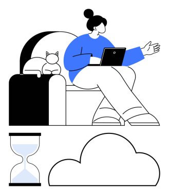 Yanında bir kedi uyurken kanepede dizüstü bilgisayarla meşgul olan bir kadın. Büyük bulut ve kum saati aşağıda. Uzaktan çalışma, zaman yönetimi, dijital iletişim, beyin fırtınası, çoklu görev, ev