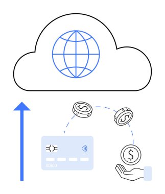 Küresel bulut, kredi kartı, ve el ile para alma. Bulut hesaplama, küresel finans, çevrimiçi ödemeler, fintech, dijital işlem e-ticaret bankacılığı için ideal. Satır metaforu