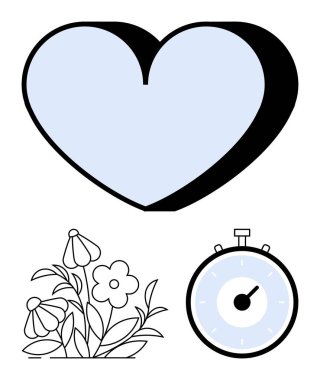 Heart in light blue stopwatch and flowers. Ideal for romance, nature, timing, motivation, life, growth, and balance. Line metaphor clipart